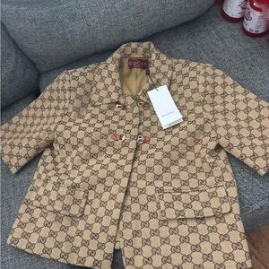 Gucci Tan GG Monogram Short Blazer with Buckle Closures - not authenicated